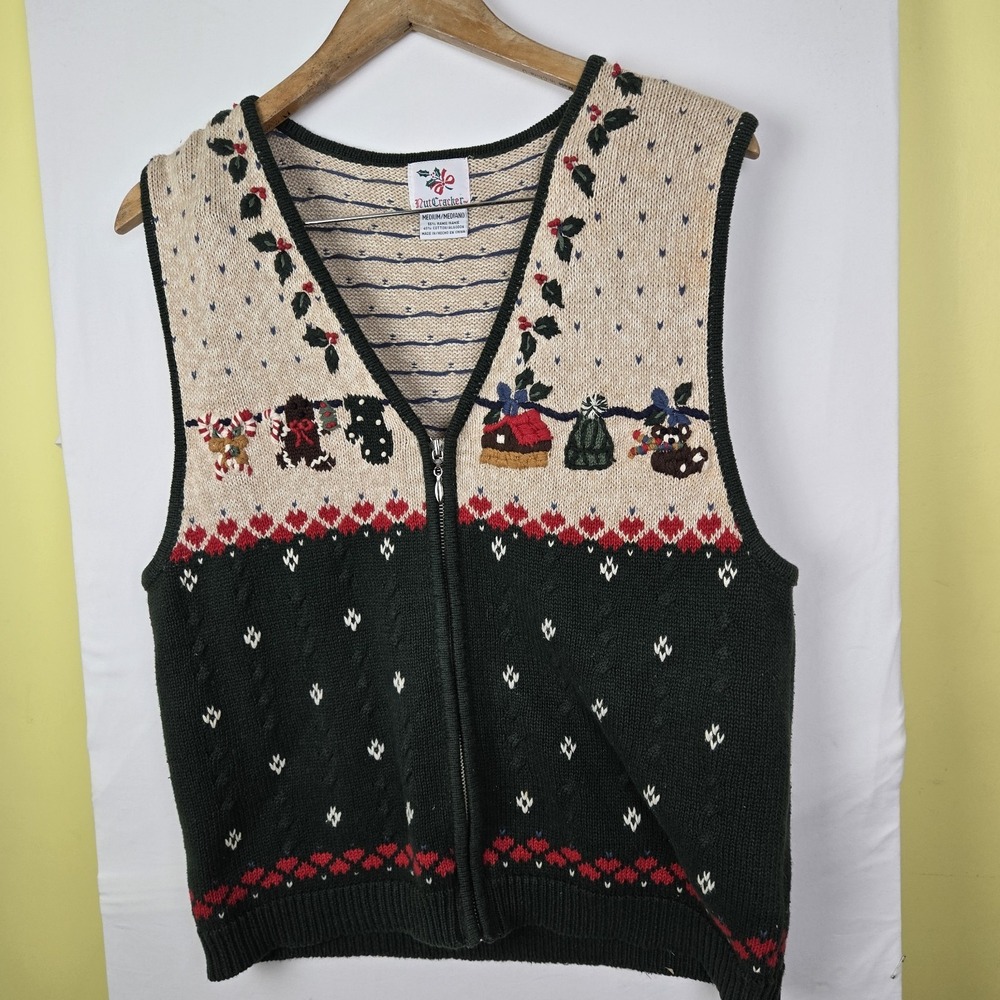 Nutcracker Christmas Sweater Vest Women Green Beige Holiday Size Medium